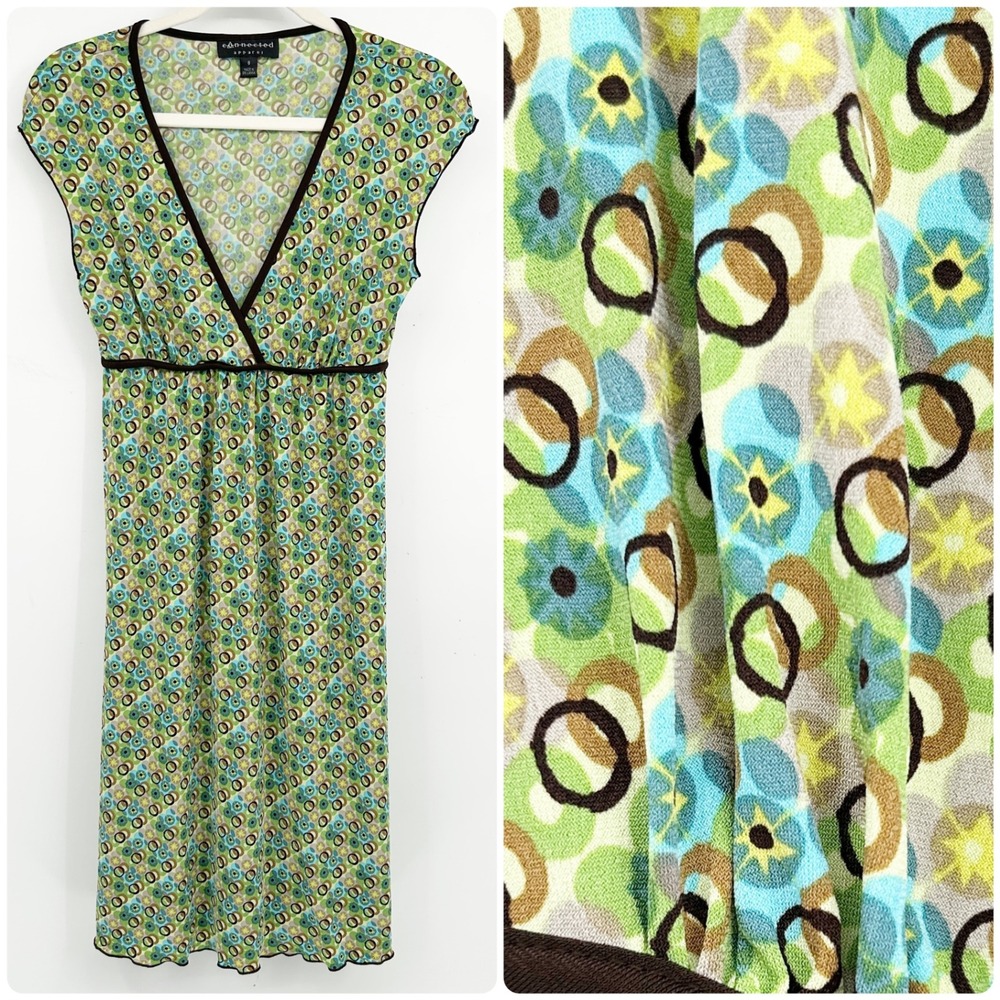 Connected‎ Womens Y2K Retro Mod Geometric Print Babydoll Midi Dress Size 8 Green